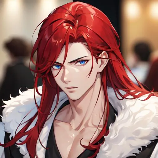 Prompt: Zerif 1male (Red side-swept hair covering his right eye, blue eyes), highly detailed face, in starbucks, adult. Handsome,  detailed, UHD, HD, 4K, highly detailed, red haze, masculine, anime style.