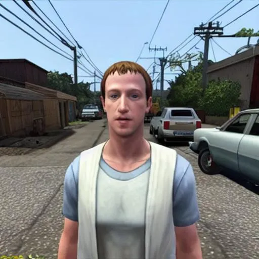 Prompt: Grand Theft Auto San Andreas (2004) awkward cutscene mod featuring Mark Zuckerberg cosplaying as CJ Carl Johnson from GTA San Andreas, white sleeveless tanktop, player model, grove st, mod, focus on face, protagonist, ghetto, psp screenshot, ps1 gameplay, Dreamcast graphics, San Andreas Mod, GTA SA, Compton, curly Caesar haircut, Ps2, meme