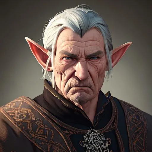 elf ears, short salt and pepper hair, angry looking,...