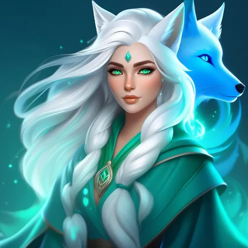 Prompt: A portrait of a human female druid. green eyes. long hair. white hair. Young Adult. wizard clothes. Have a ghostly blue fox with cloudy swirls, on her shoulder. Character Design art. Concept Art. Digital Art. 4k HD. Trending on artstation. 