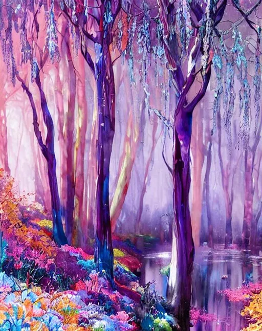 Prompt: majestic colorful trees.Watercolors wet. Intricate details, quilling, Iridescent colors. By taras loboda, Ivan Jean-Baptiste Monge, Ernst Haeckel, victo ngai, wlop, roman bozhkov, Robert Bissell, andreja peklar,  Anna Dittman, esao Andrews, Enki Bilal. Highly detailed, best quality. Cinematic smooth. Polished finish.  