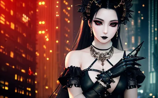 Prompt: A gothic female, kpop idol, in a dystopian city and nightfall, black spiked gloves, goth makeup, dim lighting abstract, glitchy, haunting, surreal, dreamy, 4k, futuristic details and bronze clockwork, realistic, painterly, whimsical, enchanting, charming, portrait, delicate details
