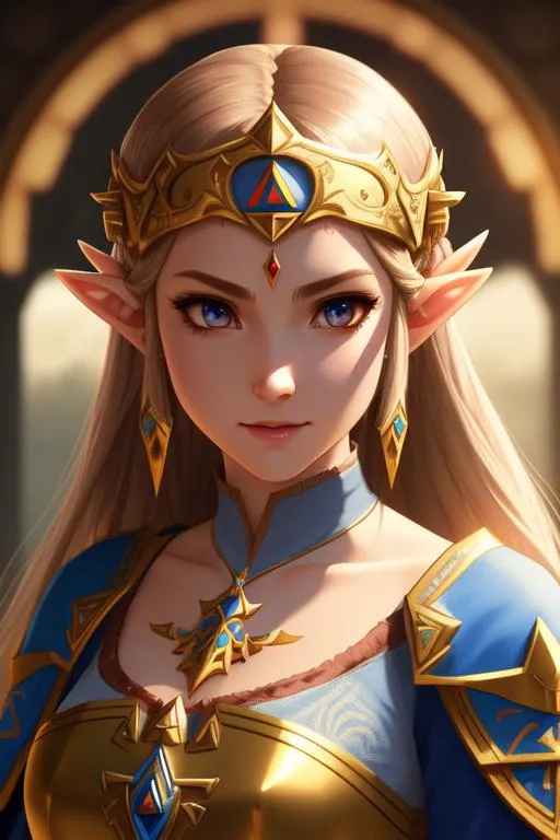 Prompt: princess zelda, 4k, unreal engine, intricate, highly detailed, beautiful lighting, light fog, 8k, trending on Artstation, professional, dramatic, swords, illustration, art by Artgerm and Greg Rutkowski and Alphonse Mucha, award winning portrait, f/22, symmetrical