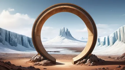 Prompt: circular portal, gateway with desert biome in foreground, arctic biome inside ring, ring, ring standing on edge, freestanding ring, complete ring, panoramic view