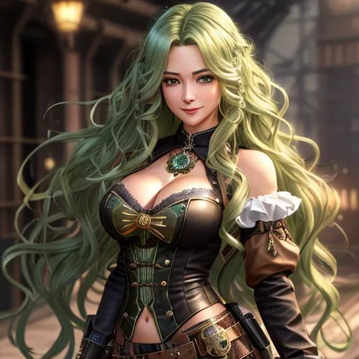 Prompt: extremely realistic, hyperdetailed, steampunk theme, extremely long green wavy hair anime girl, blushing, smiling happily, wears steampunk clothing, toned body, showing abs midriff, highly detailed face, highly detailed eyes, full body, whole body visible, full character visible, soft lighting, high definition, ultra realistic, 2D drawing, 8K, digital art