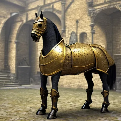 Prompt: medieval beautiful horse in gold barding armour