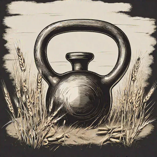 Prompt: Draw a kettlebell with a hourglas on it, beside some wheat and a sickle. 