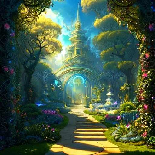 Prompt: paradise mystical garden, shady path, high skies with clouds, lots of bright light, sf, intricate artwork masterpiece, ominous, matte painting movie poster, golden ratio, trending on cgsociety, intricate, epic, trending on artstation, by artgerm, h. r. giger and beksinski, highly detailed, vibrant, production cinematic character render, ultra high quality modelRutkowski, Artgerm, WLOP, Alphonse Mucha hyper-detailed dynamic illustration, acrylic painting, trend in box by pixiv fans, trowel and brush traces, makoto shinkai style jamie wyeth james gilleard edward hopper greg rutkowski studio ghibli genshin impact, futuristic technological style, soft
