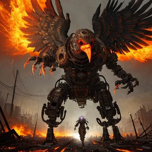 Prompt: A scary chicken robot spitting fire at a running human in a destroyed city,
hyperdetailed intricately detailed, unreal engine, fantastical, intricate detail, splash screen, complementary colors, fantasy concept art, macabre, scary, postapocalyptic, 8k, deviantart masterpiece, oil painting, heavy strokes, splash arts, photorealistic, masterpiece, cinematic, 16k artistic photography, epic, drama, cinematic lighting, dramatic lighting, insanely detailed, soft natural volumetric cinematic lighting, award-winning photography, rendering, hd, high definition, highly detailed