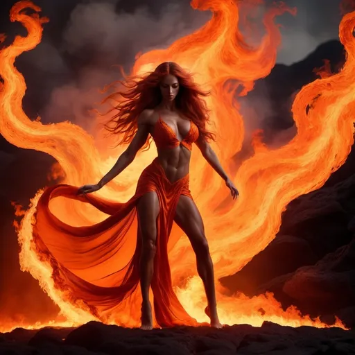 Prompt: very muscular dancing female, dancing on fire, silhouette, lava, long flowing fire gown, huge busom, long wavy fiery hair, long muscular legs, very muscular dancing female, mystical background, 