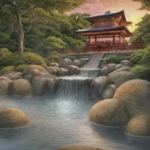 Prompt: Japanese temple, sunset, waterfalls, rocks, trees, nature, beautiful stylish view, 8k