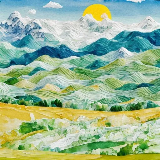 Prompt: A snowy mountain and happy sun and a bright blue sky and green fields and a small calico cat somewhere in the image. Created to look like a water-color painting.