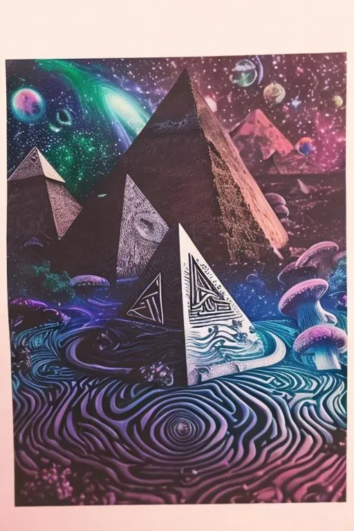 Prompt: Trippy space scape. Mushrooms and smaller trees, pyramids, Celtic symbols on buildings