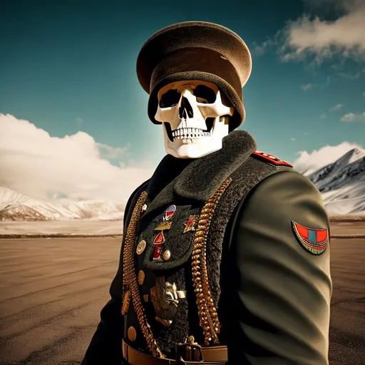 Prompt: Realistic photo of skeleton in Soviet military uniform with ushanka hat full hd, ultra realistic, highly detailed, 8k. Soft lighting 