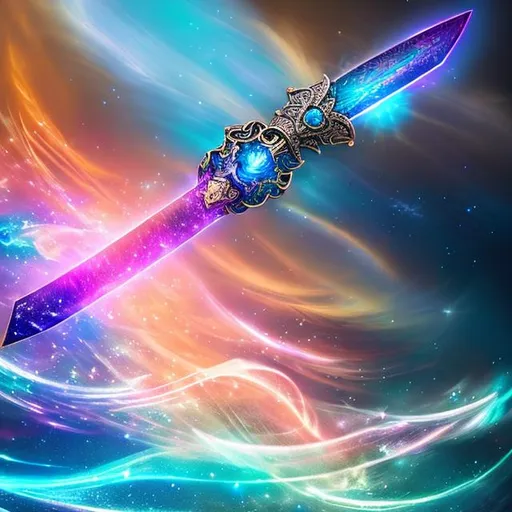 Prompt: "Aetherius" is a legendary sword of immense power and enchantment. Its blade shimmers with an ethereal glow, forged from a mystical alloy that shifts in iridescent hues. The hilt is adorned with celestial patterns and gemstones, while a pulsating blue crystal rests at the base. Wisps of energy trail behind its swift movements, leaving stardust in its wake. Aetherius amplifies the elemental energies of its wielder, making them almost invincible in battle. It is a symbol of untamed power and noble destiny, entrusted to those who uphold justice and protect the innocent.