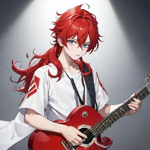 Prompt: Zerif 1boy (Red side-swept hair covering his right eye) playing a guitar UHD, 8K, highly detailed