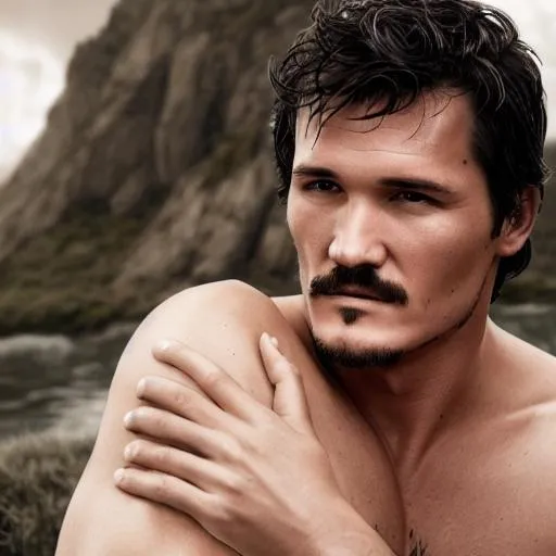 Prompt: Historical Romance novel book cover, detailed, clear, realistic art, vikings, Pedro Pascal
