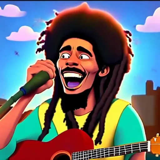 Prompt: Bob marley animated singing in a big city