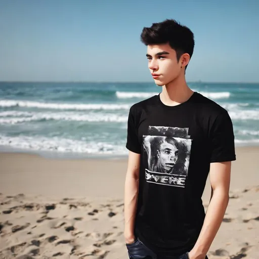 Prompt: a young man, realistic, strong personality, cute face, full body, look on camera ,wearing black t-shirt, on summer vacation ,beach background 