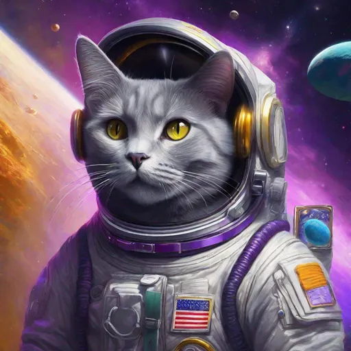 Prompt: Brilliant Striking concept art of a gray cat in a space suit with "Ricky" Written on the name tag. Floating through empty space chasing butter. Exquisite Detail Everything is perfectly to scale, HD, UHD, 8k Resolution, Vibrant Colorful Award winning Image with a purple color scheme