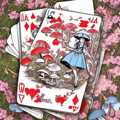 Prompt: draw Alice in wonderland book cover with some japanese cherry blossoms alongside with mushrooms and deck of cards