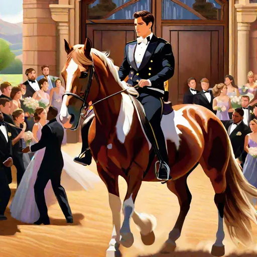 Prompt: Caleb  as a police officer (brown hair) (brown eyes) wearing a tuxedo, full body, riding a horse, pulling back on the reins, making the horse on its hind legs rearing  up, two large doors directly behind him, center, front-facing, stopping a wedding, objecting