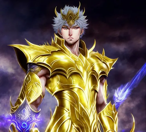 Prompt: Saint Seiya character, zodiac knight, Leo aiolia, wearing the Leo gold Cloth, handsome manly face, realistic style by pino daeni, artgerm, charlie bowater, WLOP, super detailed, realistic, unreal engine, silky dark gold short flowing curly hair, cyan green eyes 