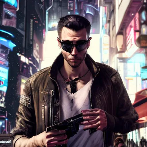 Prompt: cyberpunk rough spy male character, active posture, holding a device, hip level shot, street city background, distinguished facial features, 3/4 angle, detailed, realistic, unreal engine, glitch effect, shadowrun character, arcane character, fantasy art, 4k