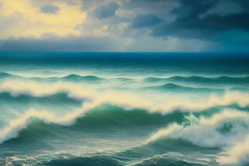 Prompt: a dramatic ocean view with crashing waves and stormy skies, in the style of precisionism, pencil drawing, bokeh, sun lighting, fujifilm xt3, art by alphonse mucha, golden hour
