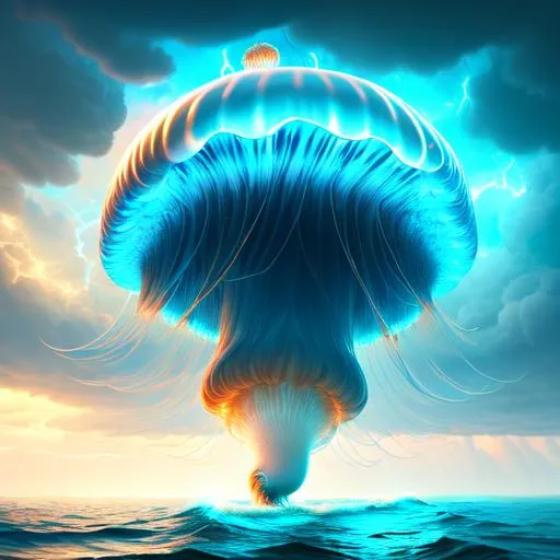 Prompt: gigantic monstrosity jellyfish sea monster, highly detailed body, full body, whole body visible, full character visible, thunder storm, soft lighting, high definition, ultra realistic, extremely detailed, unreal engine 5, 8K, digital art