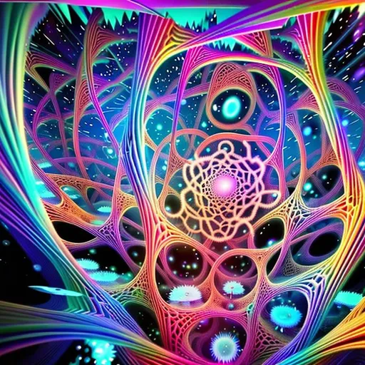 Prompt: Prompt: "The Quantum Dreamscape"

Description: Within the quantum realm, where reality blurs and the laws of physics dance to an enigmatic tune, lies the Quantum Dreamscape—a surreal fusion of abstract geometry, kaleidoscopic colors, and shifting dimensions.

Imagine an intricate and labyrinthine network of crystalline structures that appear to be simultaneously solid and ethereal. These structures seem to be suspended in a state of perpetual flux, with pathways and chambers morphing and twisting in ways that defy conventional geometry.

The Dreamscape is bathed in a mesmerizing, ever-shifting array of colors that seem to emanate from the very essence of the structures themselves. Vibrant hues, from iridescent blues to ethereal purples, flow and merge like liquid light, casting an otherworldly glow across the surroundings.

Within this surreal environment, visualize sentient beings, ethereal entities that exist as shimmering wisps of energy. They navigate the complex web of crystalline pathways, their forms mirroring the abstract geometry around them. These beings are explorers of the quantum realm, seeking to unlock the secrets of the universe's most fundamental mysteries.

As the beings move through the Dreamscape, they leave behind ephemeral trails of luminescent energy that hang in the air, forming intricate patterns reminiscent of cosmic constellations. These patterns are not only a record of their movements but also a visual representation of the quantum entanglement that connects all things.

The Quantum Dreamscape is a visual representation of the intersection between science and art, where the esoteric concepts of quantum physics merge with the boundless creativity of the human mind. It challenges viewers to contemplate the nature of reality and the infinite possibilities that lie within the quantum realm, where dreams and physics intertwine in a mesmerizing and enigmatic dance.