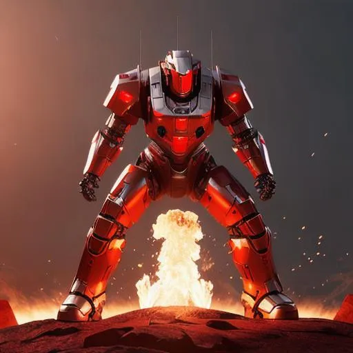 Prompt: epic 3d potrait of a robot wearing mech armor, flame effect, red ornament, hyper realistic, shiny, unreal engine, artstation, detailed