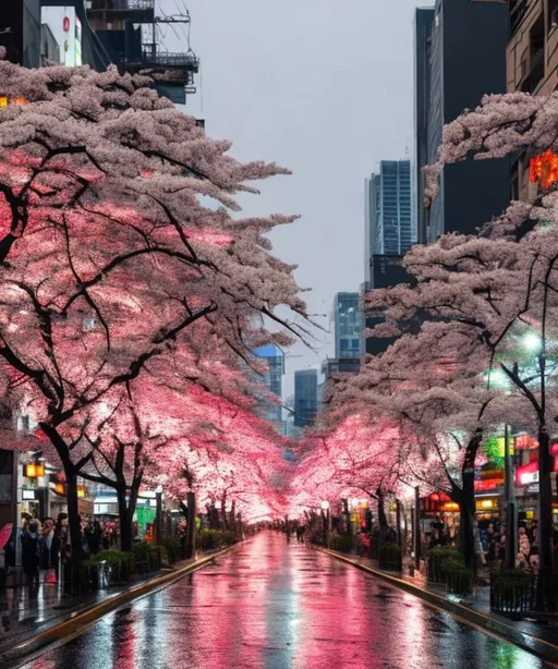Prompt: sakura trees on a busy colorful city street in the rain