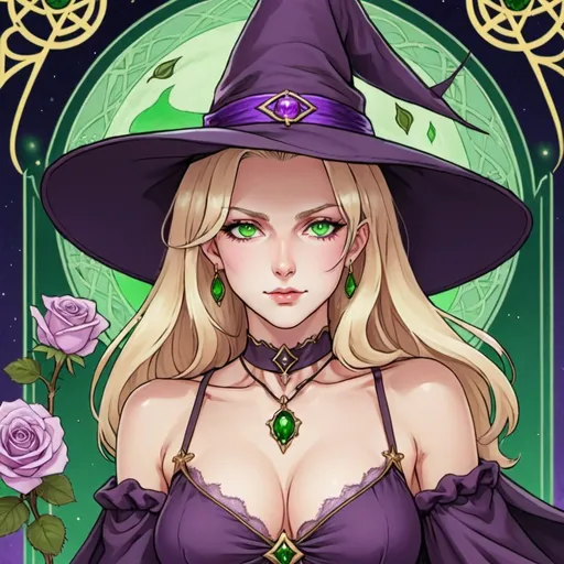 Prompt: tarot card Anime illustration, a mature blonde called purple rose witch, with green eyes, pale complection sizeable decolletage and gentle yet flirty face, her name is Lisa