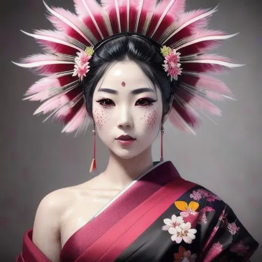 Prompt: A pretty and colorful Japanese Geisha woman with feathers, in the style of Flowers pink and scarlet red, cherry blossom trees background, realistic and hyper – detailed renderings, stefan gesell, aztec art, machine aesthetics, uhd image, dark white and turquoise, morbid, grim dark, wet, dark, very detailed, rendered in octane, wet, dense atmospheric, epic, dramatic, photorealistic, hyper ornate details, clear and sharp, only one person, only one face, Art by Stanley Artgerm Lau, Art by Genzoman, Art by Joe Madureira, Art by BlushySpicy, Art by Stjepan Sejic, Art by J Scott Campbell, Art by Guillem March, Art by Citemer Liu, Art by Kenneth Rocafort, 4k, High resolution, Comic book, Comic book character, Comic, High quality, Super high quality model, Production cinematic character rendering, Vivid, Highly detailed, Epic, Intricate, Cgsociety trending, Centered, Minidemo, Thoughtful, Intricate details, Ink cloud, Splash, Expansive, Elegant, Intricately detailed, Concept art, 8k, photo illustration by Marton Bobzert, Maximalism, Volumetric lighting, Natural light, Professional photography, calligraphy, Intricate gouache by Jean Baptiste Monge, photorealistic masterpiece by Aaron Horka and Jeremy Mann, Photorealistic, Masterpiece, 8k resolution, Ink flow, alberto seveso art, detailed gorgeous face, Perfect body proportions, super detailed art photo