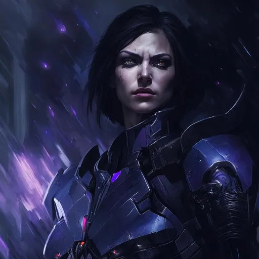 Prompt: A portrait of a woman with purple eyes and black shoulder length hair and purple eyes wearing mass effect armor perfect composition, hyperrealistic, super detailed, 8k, high quality, sharp focus, studio photo, intricate details, highly detailed, Expressionism art by greg rutkowski