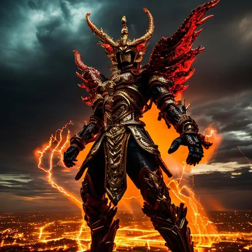 Prompt: (mega detailed) (4x+anime) gold garuda god standing, 100 feet tall, (black and red armor) (Black and red lightning blot imprint) black and red lightning skies. large sword in his hand, burning city behind,
deformed fingers, deformed hands, cropped, worst quality, low quality, jpeg artifacts, out of frame, watermark, signature, deformed, ugly, mutilated, disfigured, text, extra limbs, face cut, head cut, extra fingers, extra arms, poorly drawn face, mutation, bad proportions, cropped head, malformed limbs, mutated hands, fused fingers, long neck, illustration, painting, drawing, art, sketch, long hair, fused limb, wings, morphed face, multiple legs, 