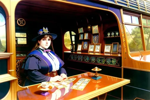 Prompt: [two point perspective][full length portrait; interior]
seated across the rune-covered table of her shadowy arts-and-crafts-styled sleeper-car school bus conversion is Morgan, corpulent Oracle of Limbo, explaining your fortune in the arcane spread of antique Tarot cards laid out before you.
Alphonse Mucha, Maxfield Parrish, Edward Hopper, J C Leyendecker, N C Wyeth.