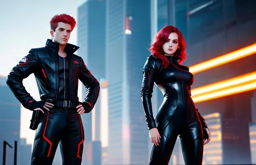 Prompt: 8k resolution ultra realistic picture of beautiful girl, wearing tight catsuit, in cyberpunk world, using dual pistol, stand next to her is a guy with red eyes, short white hair, wearing black long coat, his right hand have dark smoke coming out