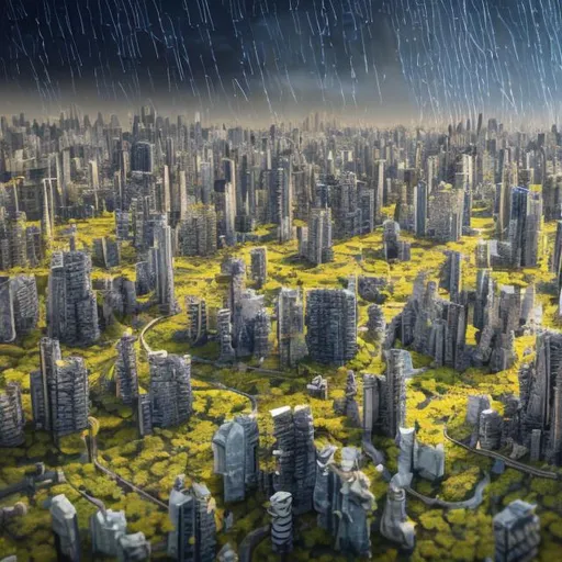 Prompt: Create a photograph depicting the one day life in a "sponge city " -  urban landscapes designed to absorb and reuse rainwater, thus preventing floods. This city is driven by advancements in AI, IOT and 5G communications. Buildings are embedded with sensors to monitor energy