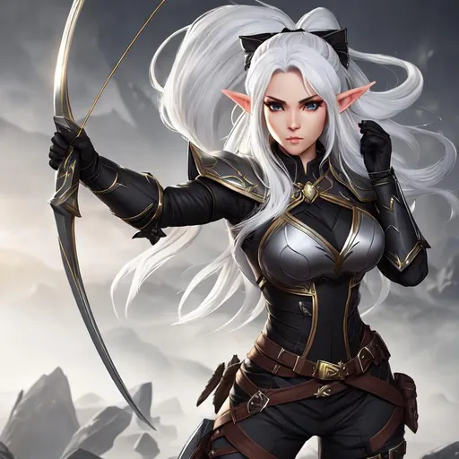 Prompt: beautiful single elf woman ranger with bow, fighting stance dark grey skin, white hair, black eyes no sclera, leather armour, shadar-kai, dungeons and dragons, had, artstation