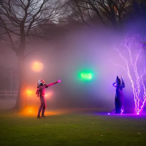 guy in a hazmat suit and a knight with purple light cracking through the helmet at an empty park a