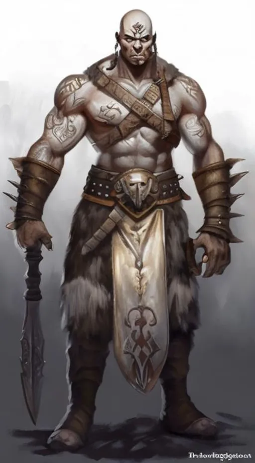 Prompt: Large axe in right hand, large warhammer in left hand, muscular, battle scars covering body, 