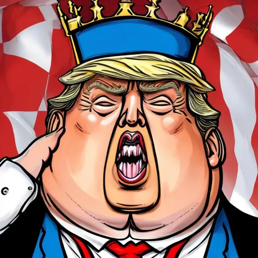 Prompt: Obese Trump as king with a crown on his head with stars and stripes, too long red tie + dark-blue suit, Oval Office scene, Sergio Aragonés MAD Magazine cartoon style 