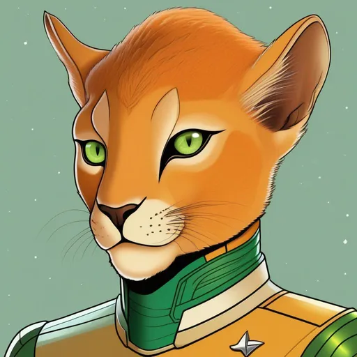 Prompt:  A 33 years old alien of a star trek puma race. Vaguely humanoid. He has shot orange fur and a white skin. He wears a scifi uniform and has green lizard eyes. Detailed, well draw face, Smooth skin. rpg art. Star trek art. 2d art. 2d, color drawing