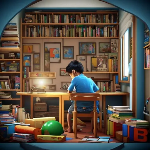 Prompt: The boy is sitting in his room. He is wearing a blue shirt . He has a laptop computer open in front of him. He is looking at the computer screen and typing. He looks focused and engaged.

The background of the photo is fool of books and technology. There is a bookshelf behind the boy. The bookshelf is filled with books and other objects.

The photo starts out with the boy sitting still. He is typing on the computer. After a few seconds, the boy starts to move. He gets up from his chair and walks over to the bookshelf. He picks up a book and starts to read. He is still focused and engaged.

The boy continues to read the book. He is so engrossed in the book that he doesn't notice the computer screen start to change. The screen starts to show images of different places and things. The boy is still reading the book, but he is now also watching the images on the screen.

The images on the screen change more and more rapidly. The boy is now completely engrossed in the images. He is no longer reading the book. He is just watching the images.

The images on the screen become so rapid that they become a blur. The boy is now completely lost in the blur. He is no longer aware of anything else. He is just lost in the blur.

The blur fades away and the boy is back in his room. He is sitting at his desk. He is still wearing the same blue shirt and jeans. He has the same laptop computer open in front of him. He is looking at the computer screen and typing. He looks focused and engaged.

The animation is a loop, so it will repeat itself indefinitely. The animation is designed to evoke a sense of wonder and imagination. The boy is clearly lost in the world of the computer, and the viewer is invited to join him. The animation is also a reminder of the power of technology to transport us to new and exciting places.