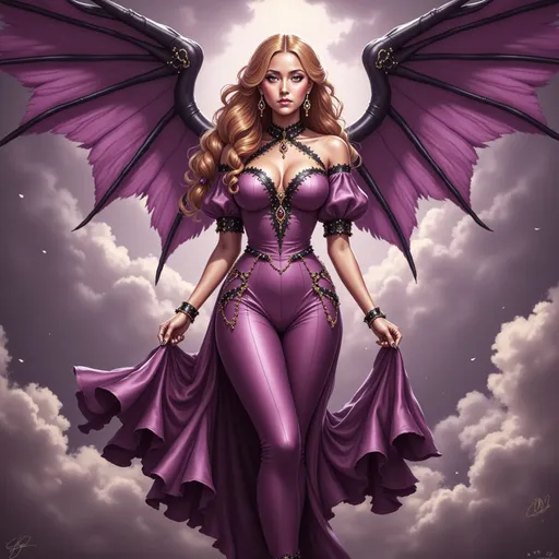 Prompt: a woman in a purple dress with large wings on her back. a cloudy purple background, Anne Stokes, gothic art, purple, a detailed painting