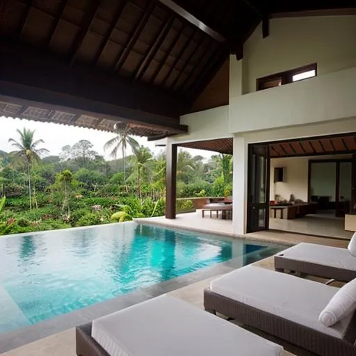 Prompt: create a villa with a privte swimming pool and wonderful design as you can find it in bali

