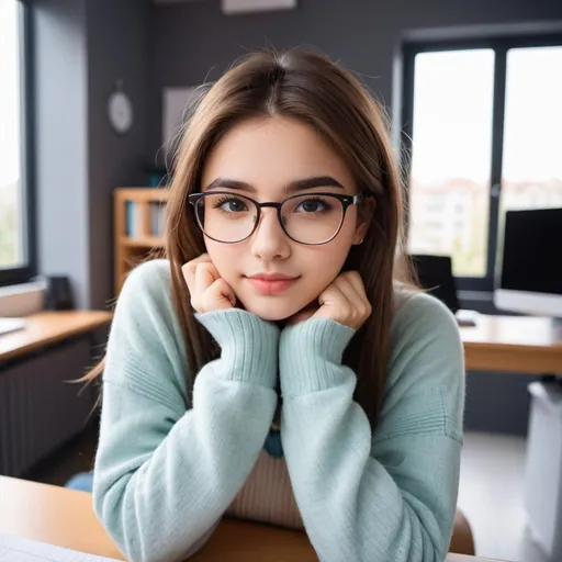 Prompt: Girl’s dorm room, shy self conscious 18-year-old girl, in skirt and sweater, taking selfie while sitting at desk.  Cute and slim with glasses. Detailed face and expression, atmosphere of feeling alone