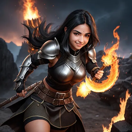 Prompt: High-resolution photograph of {female, Hispanic, black armor, black skirt, black hair, sly smile, cute, freckles, sexy}, holding {brown staff, flames}, fighting pose, dungeons and dragons, outdoors, 50mm